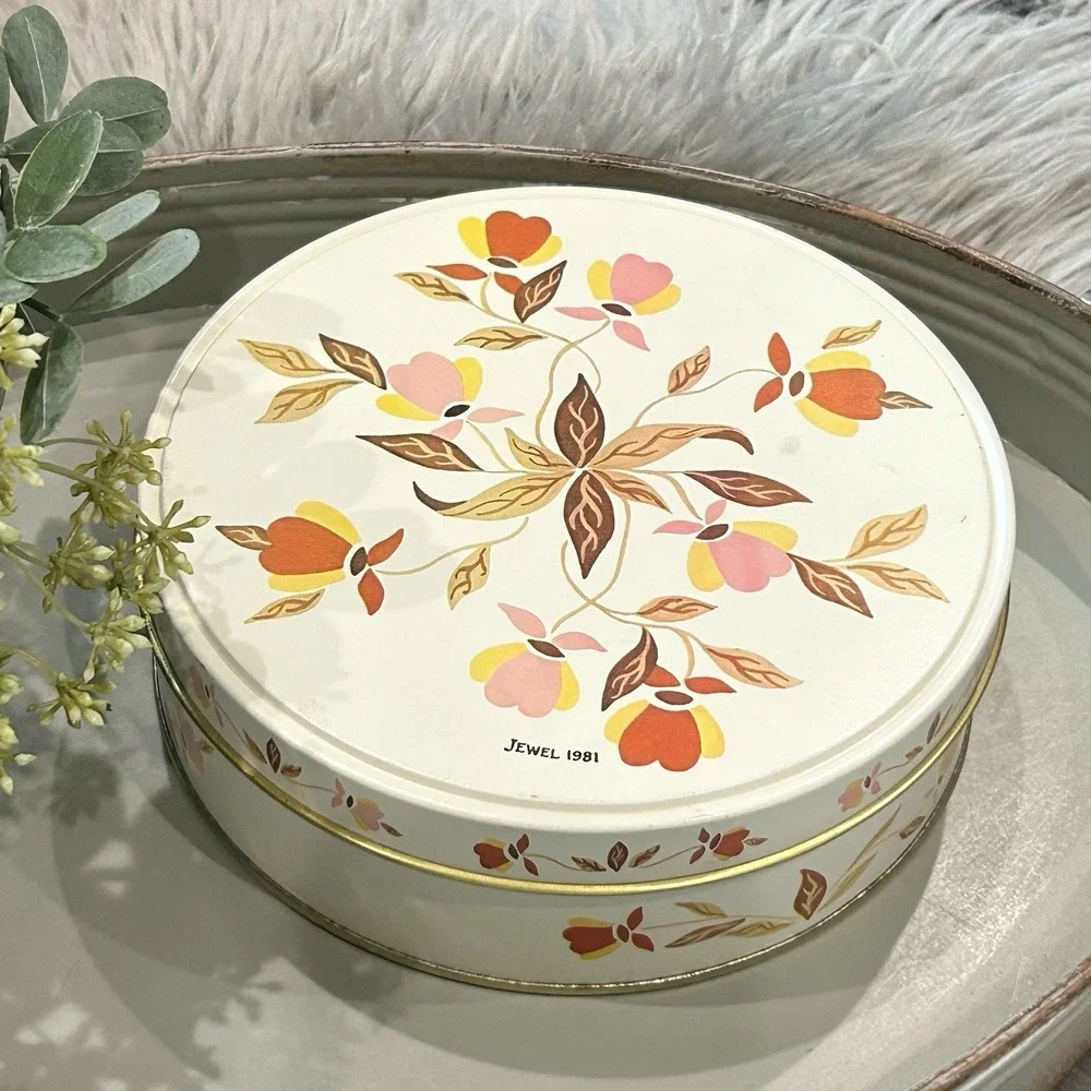 Hall China Jewel 1981 Vintage Tea Autumn Leaf Round Fruitcake Tin 7